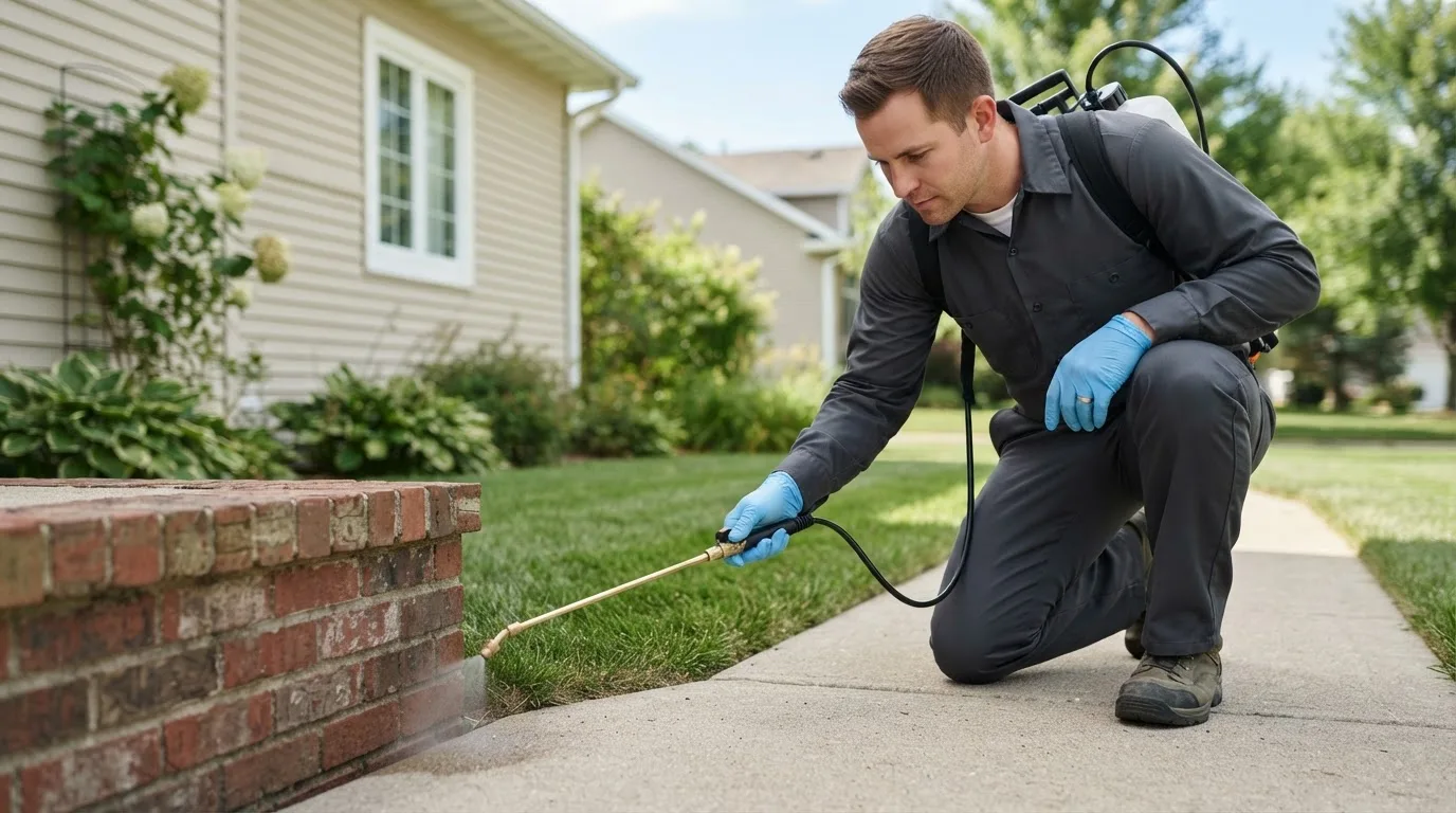 Pest control technician treating a home near Hedrick, IA