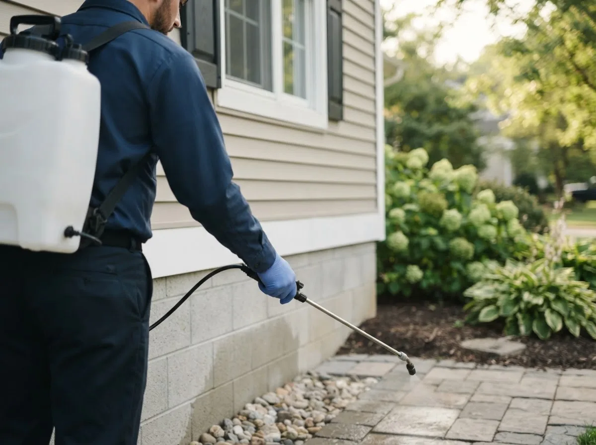 Pest control technician inspecting a home in Hedrick, IA